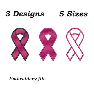 May include: Three embroidery designs of pink awareness ribbons, one with a black outline, one with a pink outline, and one with a white outline. 3 Designs, 5 Sizes, Embroidery file.