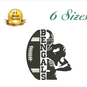 May include: Black and white embroidery design of a football player with the word "Bengals" spelled vertically down the side of a football.