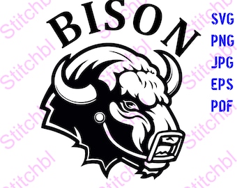 Könnte beinhalten: Schwarz-weiß-Illustration eines Bisonkopfes mit dem Wort "BISON" in großer Schrift darüber.