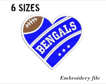 Diseño de bordado de corazón de fútbol americano de los Bengals para máquina de bordar. 6 tamaños. 6 formatos. Descarga instantánea.
