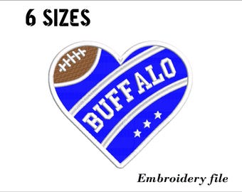 Buffalo Heart football embroidery design for embroidery machine. 6 sizes. 6 formats. Instant download