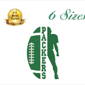 May include: Green and white embroidery design of a football with the word "PACKERS" written vertically on the side and a silhouette of a football player standing next to it. The design is available in 6 sizes.