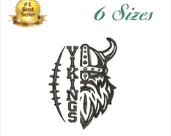 May include: A black and white embroidery design of a Viking helmet with a football and the word "VIKINGS" written vertically.