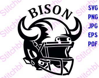 Könnte beinhalten: Schwarz-weiße Silhouette eines Bisons, der einen Footballhelm trägt, mit dem Wort "BISON" darüber.