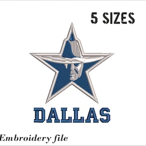 May include: A blue and silver embroidered patch featuring the Dallas Cowboys logo. The logo is a five-pointed star with a cowboy wearing a hat inside. The text "DALLAS" is below the star. The text "5 SIZES" is in the upper right corner.