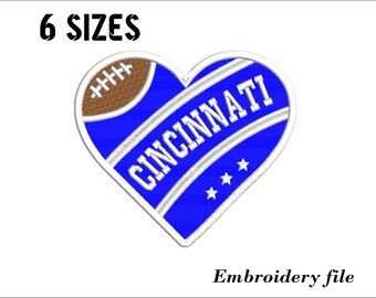 Diseño de bordado del corazón de fútbol americano de Cincinnati para máquina de bordar. 6 tamaños. 6 formatos. Descarga instantánea.
