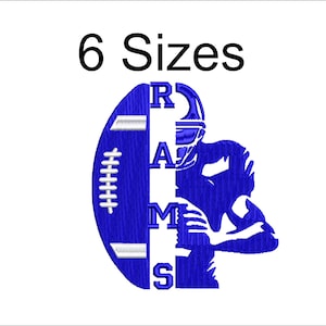 May include: Blue and white embroidery design of a football player with the word "RAMS" spelled vertically.