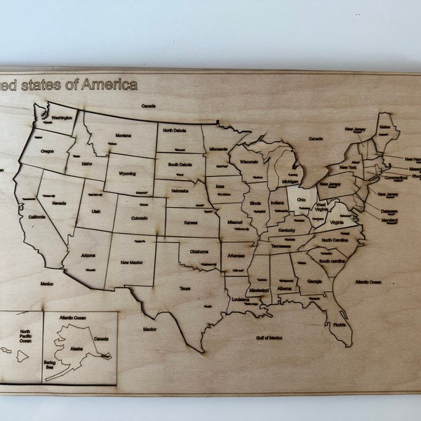 laser-cut puzzle map of the USA with states and capitals!