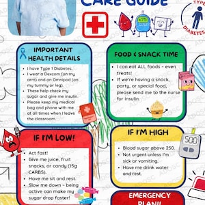 May include: A colorful diabetes care guide for Jackson, featuring a photo of a smiling child. The guide includes important health details, food and snack time advice, and emergency instructions. It also provides contact information.