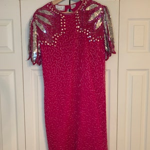 Vintage Handmade Never Worn Laurence Kazar Pink Silk Beaded Sequin Dress