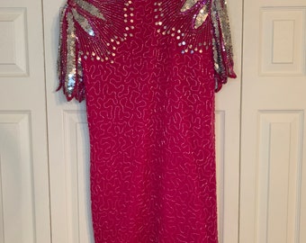 Vintage Handmade Never Worn Laurence Kazar Pink Silk Beaded Sequin Dress