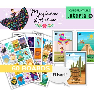 Puede incluir: Un conjunto de 60 tableros de juego de Lotería mexicana imprimibles con ilustraciones coloridas. Los tableros están titulados "Lotería" y "Tabla 01" y "Tabla 02". Las cartas de juego presentan imágenes de una piñata, una pirámide y un barril.