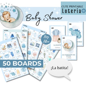 Jongen baby shower Loteria-baby bingo, jongen, blauw, babyshower, 50 borden, 54 kaarten, afdrukbare PDF bingo, bingo, Engels en Spaans