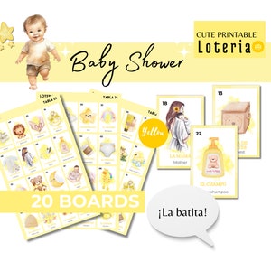 Babyparty-Loteria – Baby-Bingo, gelb, Babyparty, 20 Bretter, 54 Karten, druckbares PDF-Bingo, Bingo, Gender Reveal, Englisch und Spanisch