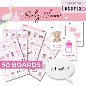 Girl Baby Shower Loteria- Baby Bingo, rose, fille, Baby Shower,50 planches, 54 cartes, bingo PDF imprimable, Bingo, anglais et espagnol