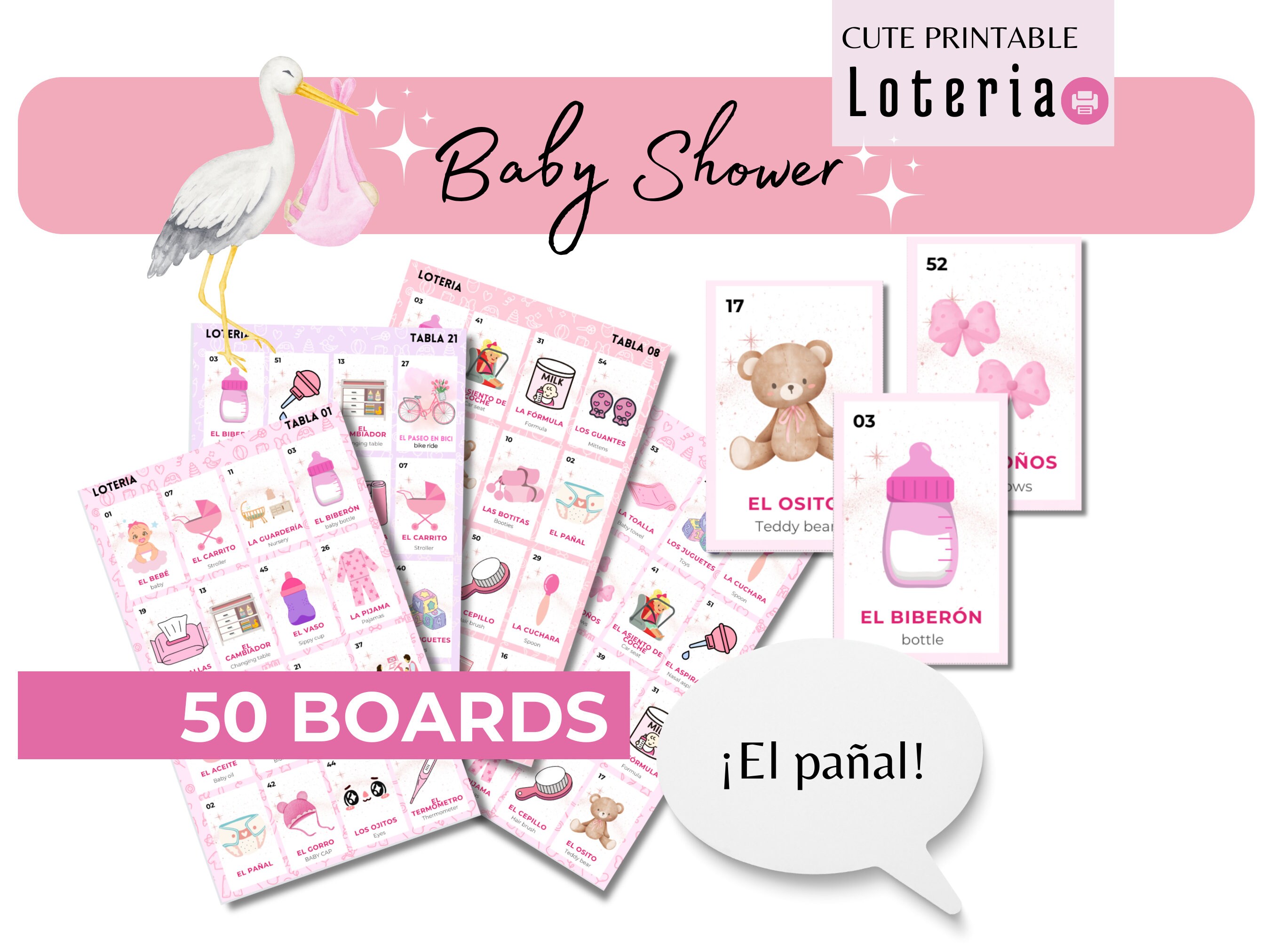 Baby Shower Bingo Game For Girls - 24 Player Set With Cards, Chips & Call-Out Cards - View #8