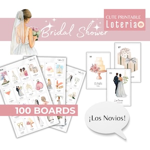 Bridal Shower Loteria- bachelorette Bingo, wedding, bridal shower, 100 Boards, 62 Cards, Printable PDF bingo, Bingo, English and Spanish