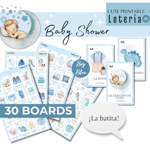 Boy Baby Shower Loteria- Baby Bingo, garçon, bleu, Baby Shower, 30 planches, 54 cartes, bingo PDF imprimable, Bingo, anglais et espagnol