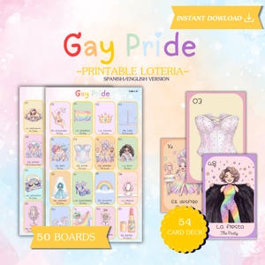 Puede incluir: Un juego de lotería imprimible Gay Pride que incluye un tablero grande con 25 cuadrados ilustrados, una baraja de 54 cartas y texto que incluye Gay Pride, Printable Loteria, Spanish/English Version y 50 Boards, sobre un fondo de arcoíris pastel.