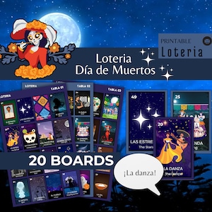 May include: Printable Loteria game cards featuring Day of the Dead imagery. The cards are colourful and feature illustrations of traditional Mexican symbols, such as skulls, skeletons, and flowers. The cards are designed for a fun and festive game night.