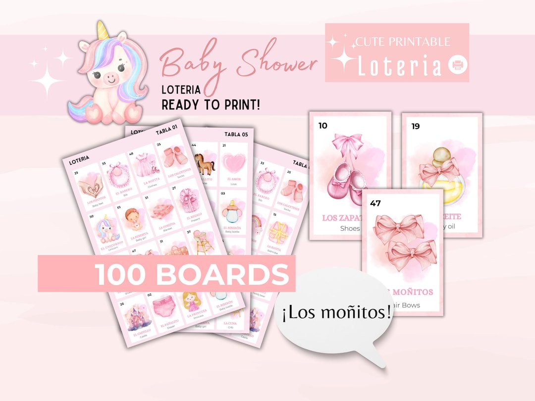 Baby Girl Shower Loteria- Baby Bingo, Girl, Pink, Baby Shower, 100 ...