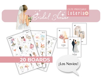 Bridal Shower Loteria- bachelorette Bingo, wedding, bridal shower, 20 Boards, 62 Cards, Printable PDF bingo, Bingo, English and Spanish