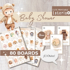 Babyparty-Loteria für Jungen - Baby-Bingo, Junge, braun, Babyparty, 80 Bretter, 54 Karten, druckbares PDF-Bingo, Englisch und Spanisch, Bekanntgabe des Geschlechts