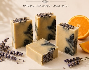 Lavender Charcoal Soap Bar, Handmade Goat Milk & Shea Butter Soap, Honey Tangerine Artisan Soap, Self Care Spa Gift for Her, Guest Soap