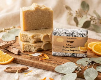 Citrus Cedarwood Soap Bar, Handmade Cold Process Skincare with Bergamot and Coconut Milk. Artisan Body Wash for Dry and Sensitive Skin