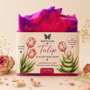 May include: A rectangular bar of soap with a vibrant pink and purple marbled texture. The paper label features the text RedCherryBe, Tulip & ALOE VERA SOAP, 5 oz / 142 g, and illustrations of pink tulips and sliced aloe vera leaves.