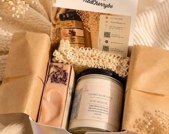 Foaming Sugar Scrub & Custom Soap Pamper Hamper, Exfoliating Whipped Body Polish and Sisal Bag Spa Gift Box, Self Care Gift for Women