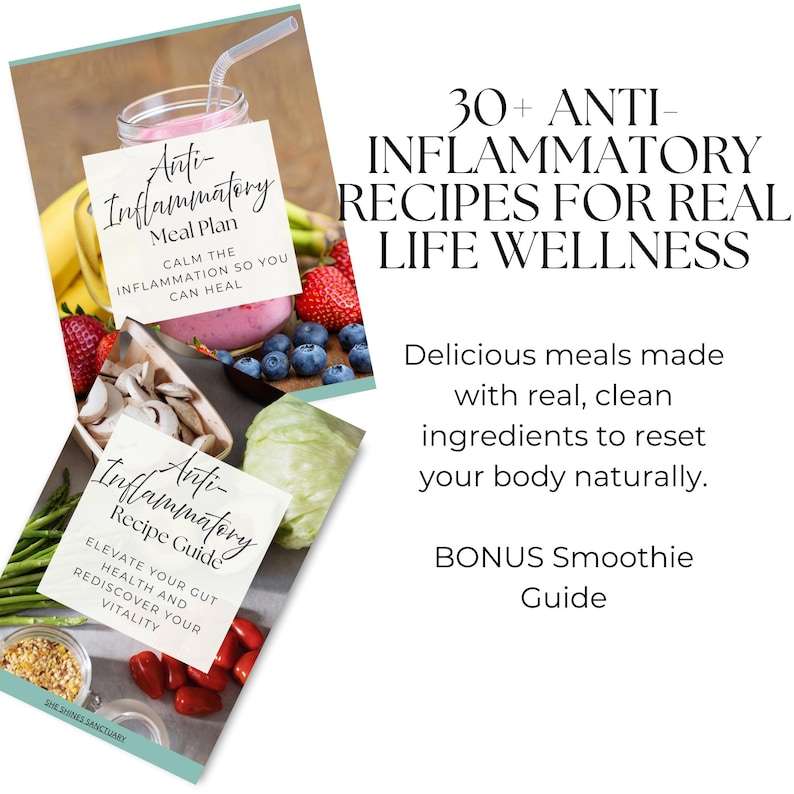 May include: An image featuring a meal plan and recipe guide for anti-inflammatory recipes. The image includes text that reads "30+ Anti-Inflammatory Recipes for Real Life Wellness" and "Bonus Smoothie Guide". Fresh fruits and vegetables are also visible.