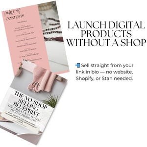 K&ouml;nnte beinhalten: Bild mit einem rosa Dokument mit einem "Inhaltsverzeichnis" und einem Buch mit dem Titel "The No-Shop Selling Blueprint". Der Text "LAUNCH DIGITAL PRODUCTS WITHOUT A SHOP" ist ebenfalls sichtbar. Das Bild wirbt f&uuml;r den Verkauf digitaler Produkte ohne Shop.