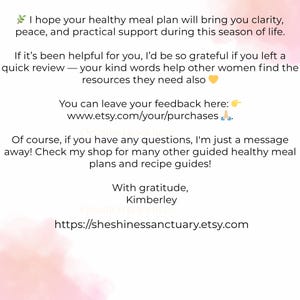 May include: White background with text about healthy meal plans, clarity, peace, and support. Includes a call to action for reviews and a shop link: sheshinessanctuary.etsy.com.