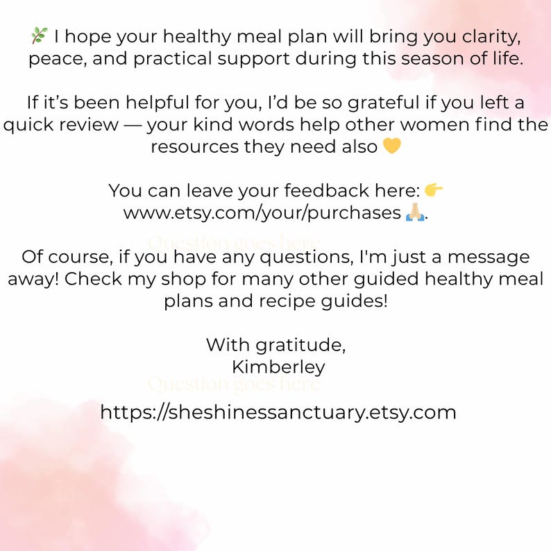 May include: White background with text about healthy meal plans, clarity, peace, and support. Includes a call to action for reviews and a shop link: sheshinessanctuary.etsy.com.