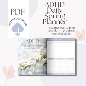 Peut inclure: Un planificateur PDF numérique intitulé "ADHD Daily Spring Planner" avec une conception de couverture florale. Le planificateur est ouvert, révélant une mise en page pour la planification quotidienne.