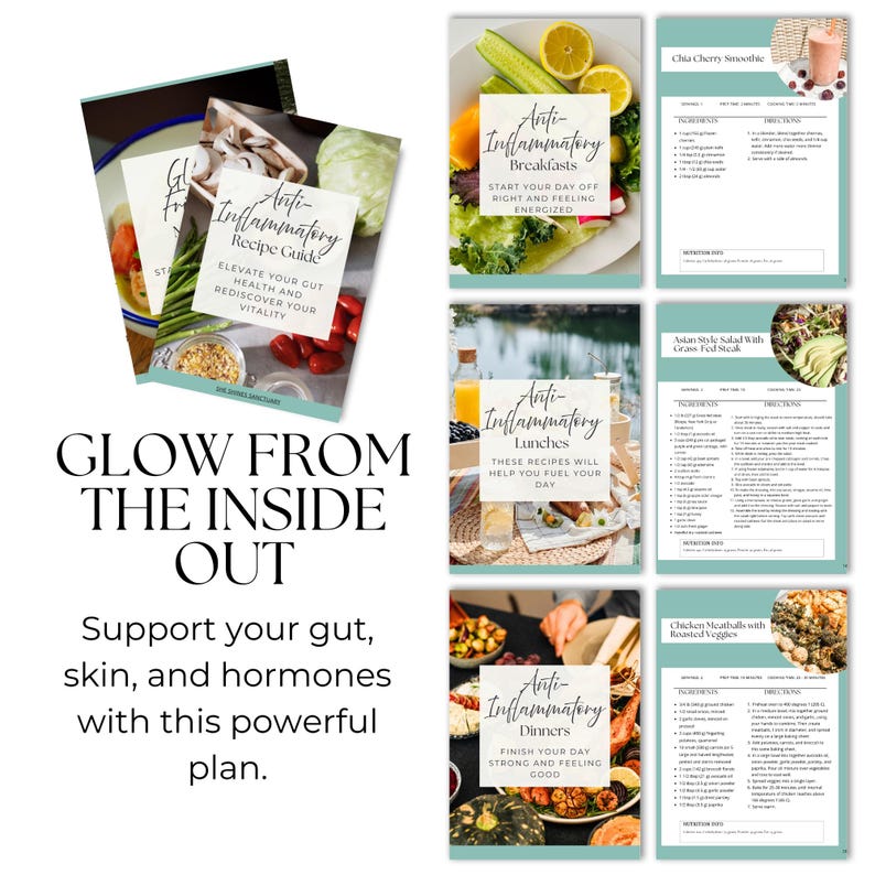 May include: A collection of recipe guides and meal plans with the text "Anti-Inflammatory" on the covers. The image includes recipes for breakfasts, lunches, and dinners, with fresh ingredients like vegetables and fruits. The text "Glow From The Inside Out" is also visible.