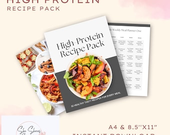 Könnte beinhalten: Ein druckbares PDF-Rezeptpaket mit einem grauen Cover, das einen Salat mit gegrilltem Hühnchen, Mais und Pfirsichen zeigt. Der Titel "High-Protein Recipe Pack" ist in weißer Schrift auf grauem Hintergrund. Der Text "52 HEALTHY TASTY RECIPES FOR EVERY MEAL" ist in weißer Schrift auf grauem Hintergrund. Der Text "A4 & 8.5"X11" INSTANT DOWNLOAD" ist in weißer Schrift auf grauem Hintergrund.