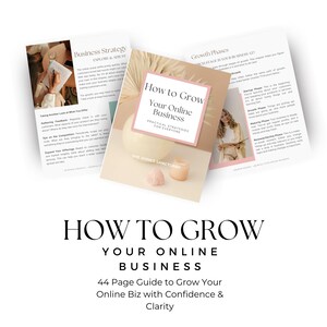 May include: A stack of printed guides with the title "How to Grow Your Online Business" in a soft color palette. The guide includes practical strategies for everyone. Additional pages detail business strategy and growth phases.