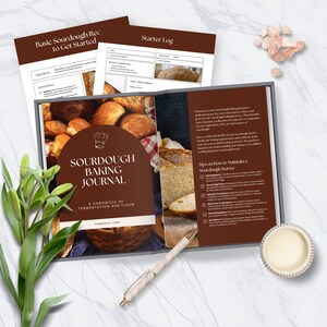 May include: A brown journal with the title "Sourdough Baking Journal: A Chronicle of Fermentation and Flour" by Kimberley Lome. The journal is open to a page with tips on how to maintain a sourdough starter. The cover features a red and white checkered background with a variety of sourdough bread loaves.