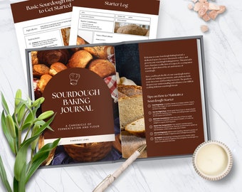 Puede incluir: Un diario marrón con el título "Sourdough Baking Journal: A Chronicle of Fermentation and Flour" de Kimberley Lome. El diario está abierto en una página con consejos sobre cómo mantener un fermento de masa madre. La portada presenta un fondo a cuadros rojo y blanco con una variedad de panes de masa madre.