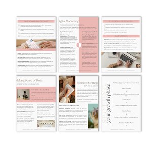 May include: A collection of marketing and business strategy guides. The pages feature pink and white backgrounds with text and images related to digital marketing, data analysis, and business growth. The guides are designed to help businesses.