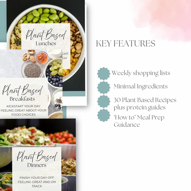May include: A promotional image for plant-based meal planning. The image features text that reads "Plant Based Lunches, Breakfasts, and Dinners." Key features include weekly shopping lists, minimal ingredients, 30 recipes, and meal prep guidance.