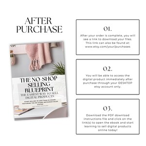 K&ouml;nnte beinhalten: Bild eines Buches mit dem Titel "THE NO-SHOP SELLING BLUEPRINT" mit dem Text "THE EASIEST WAY TO SELL DIGITAL PRODUCTS". Das Bild enth&auml;lt auch Anweisungen zum Herunterladen des digitalen Produkts nach dem Kauf. Das Buch liegt auf einem Schreibtisch mit einem rosa Schal.