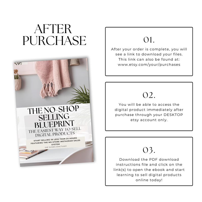 K&ouml;nnte beinhalten: Bild eines Buches mit dem Titel "THE NO-SHOP SELLING BLUEPRINT" mit dem Text "THE EASIEST WAY TO SELL DIGITAL PRODUCTS". Das Bild enth&auml;lt auch Anweisungen zum Herunterladen des digitalen Produkts nach dem Kauf. Das Buch liegt auf einem Schreibtisch mit einem rosa Schal.