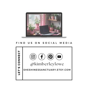May include: A laptop displays a workspace with plants in pink pots. Below, the text "FIND US ON SOCIAL MEDIA" and social media icons are visible. The Etsy shop name and Instagram handle are also displayed.