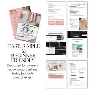 K&ouml;nnte beinhalten: Eine Ansammlung rosa und wei&szlig;er Dokumente, darunter ein "Inhaltsverzeichnis" und "The No-Shop Selling Blueprint". Der Text "Fast, Simple & Beginner Friendly" ist ebenfalls zu sehen. Das Bild richtet sich an diejenigen, die digitale Produkte verkaufen m&ouml;chten.