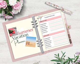May include: A pink binder with a white interior and a title that reads "Summer Vacation Planner". The binder has a ring mechanism and is open to a page with a section for "Transportation Info" and sections for "Departure Info" and "Return Info".