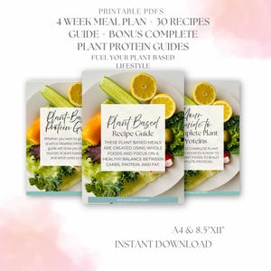 May include: A digital download featuring three guides: a 4-week meal plan, a recipe guide, and a plant protein guide. The guides are titled "Plant Based Recipe Guide" and "Your Guide to Complete Plant Proteins". The image includes text: "Fuel Your Plant Based Lifestyle".
