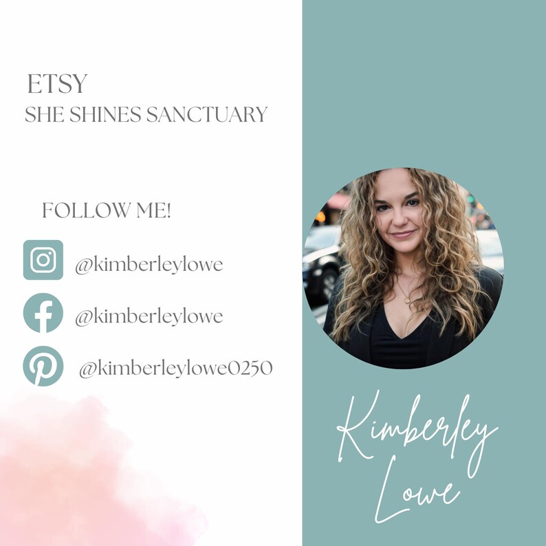 May include: An Etsy shop promotional image with the text "ETSY SHE SHINES SANCTUARY" and social media handles. A headshot of a woman with curly hair is in a circle. The name "Kimberley Lowe" is written in cursive.